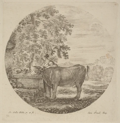 Cow and Young Shepherd at a Fountain by Stefano della Bella, print, 1610-1664