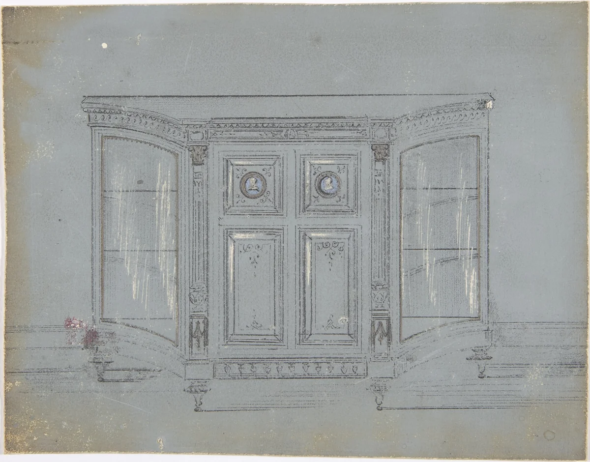 Design for a Cabinet with Glass Side Doors and Porcelain Plaques by anonymous, drawing, 1800-1900