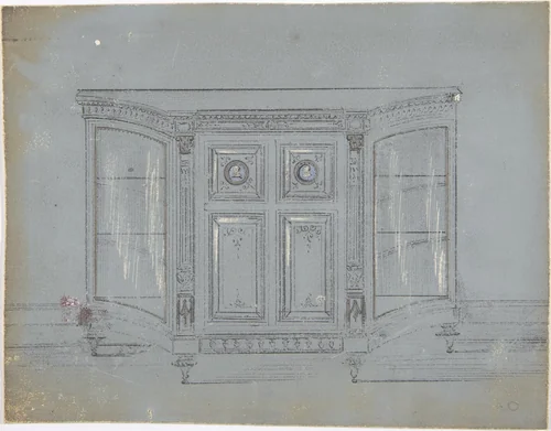 Design for a Cabinet with Glass Side Doors and Porcelain Plaques by anonymous, drawing, 1800-1900