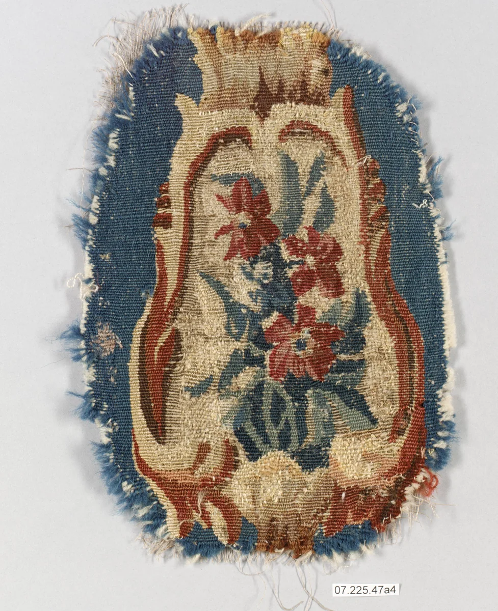 Rocaille cartouche with flowers by Beauvais, textile, 1730-1755