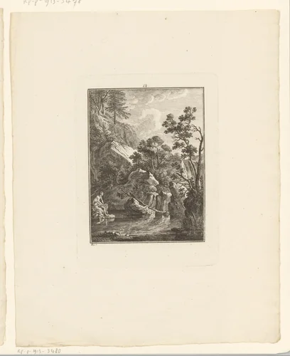 Landschap met bosmeer en badende vrouw by Johann Rudolph Schellenberg, print, 1781