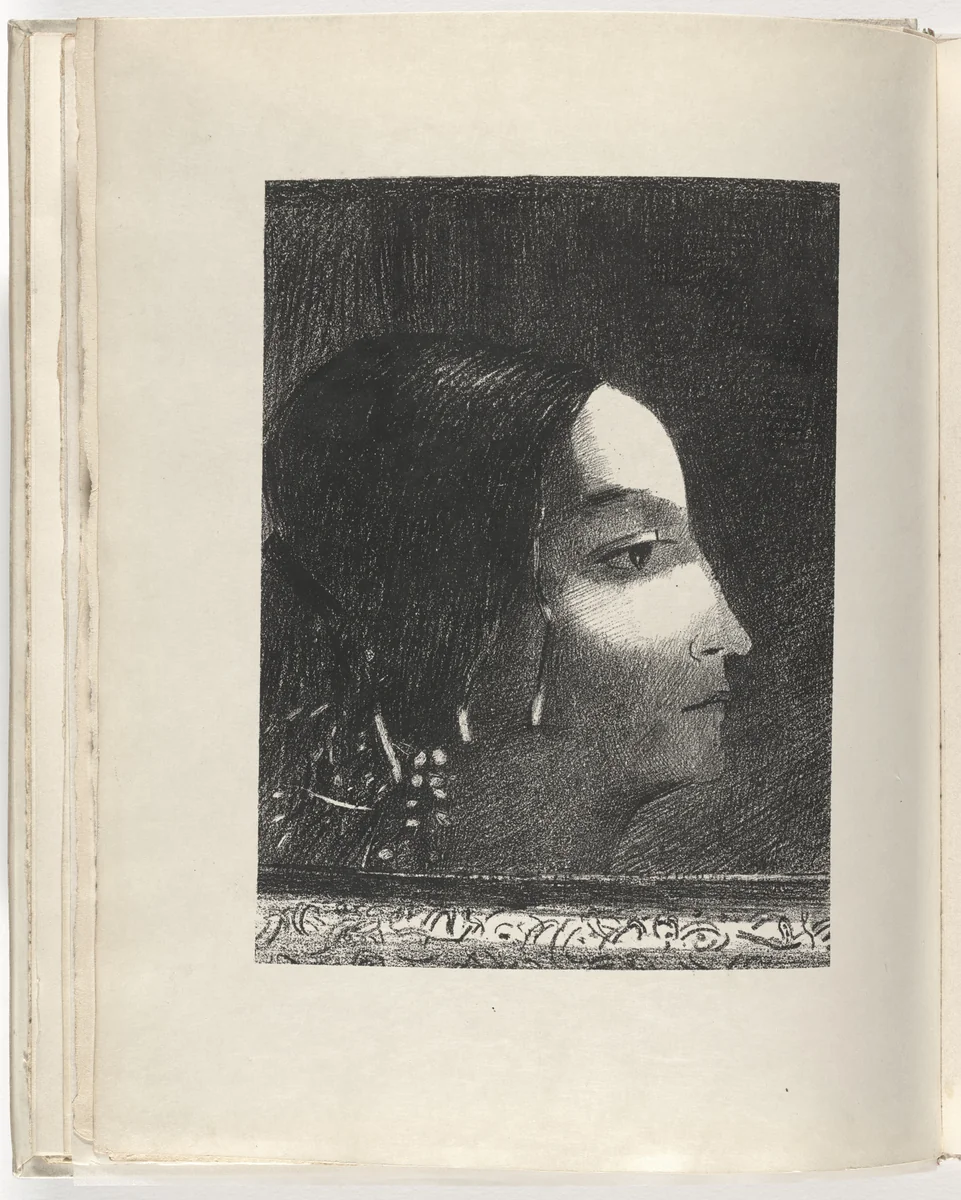 She Shows Herself to Him, Dramatic and Grandiose, with Her Hair Like That of a Druidess (Elle se montre à lui, dramatique et grandiose avec sa chevelure de prêtresse druidique) (plate) from Le Juré by Odilon Redon, illustrated book, 1887