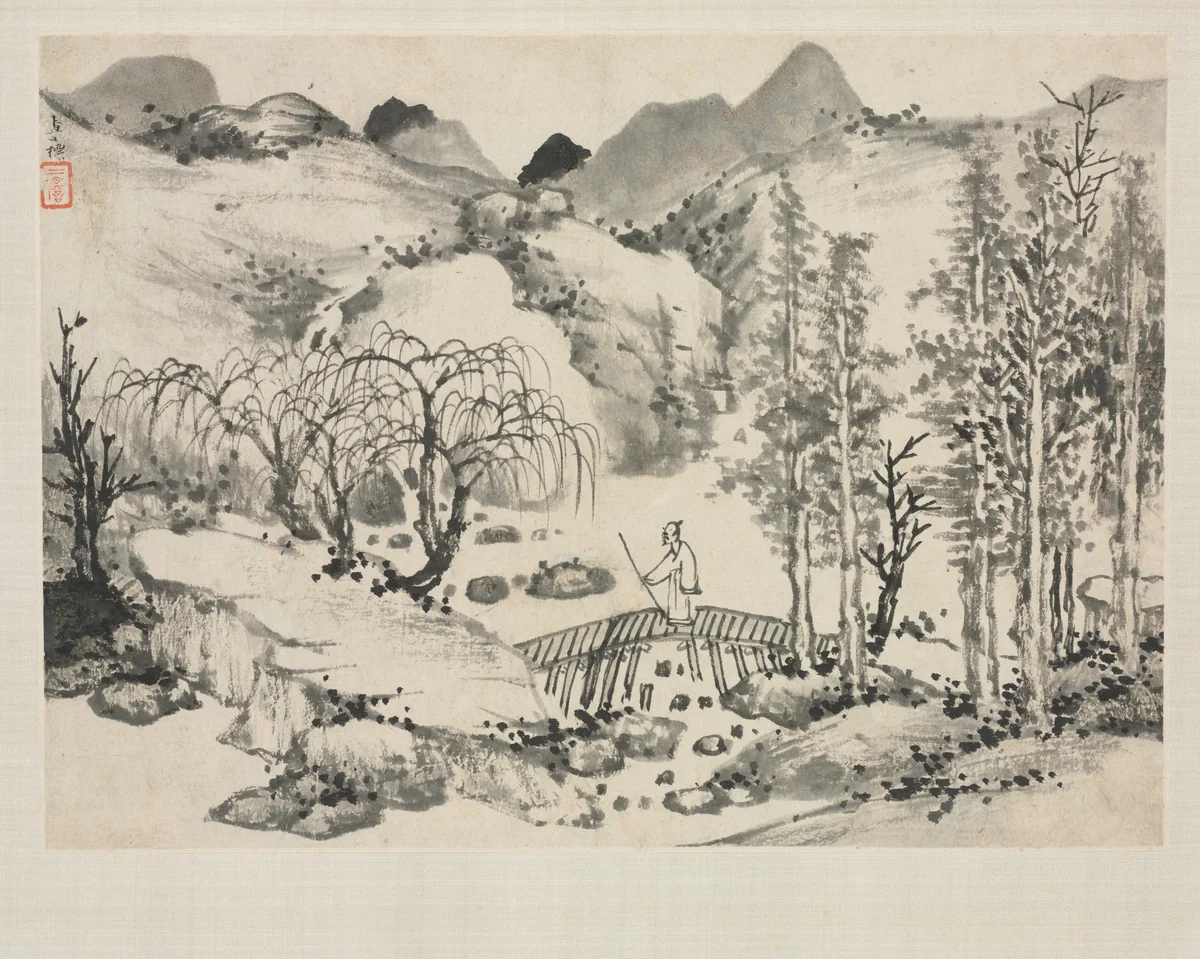 Landscape Album in Various Styles: Landscape with Artist on a Bridge by Zha Shibiao, painting, 1684