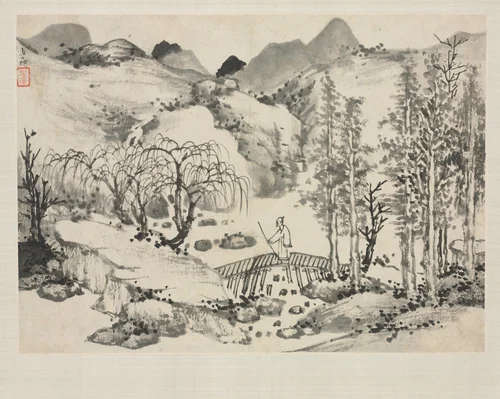 Landscape Album in Various Styles: Landscape with Artist on a Bridge by Zha Shibiao, painting, 1684