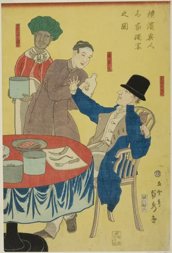 Banquet at a Foreign Merchant House in Yokohama (Yokohama ijin shoka shuen no zu) by Utagawa Sadahide, print, 1861