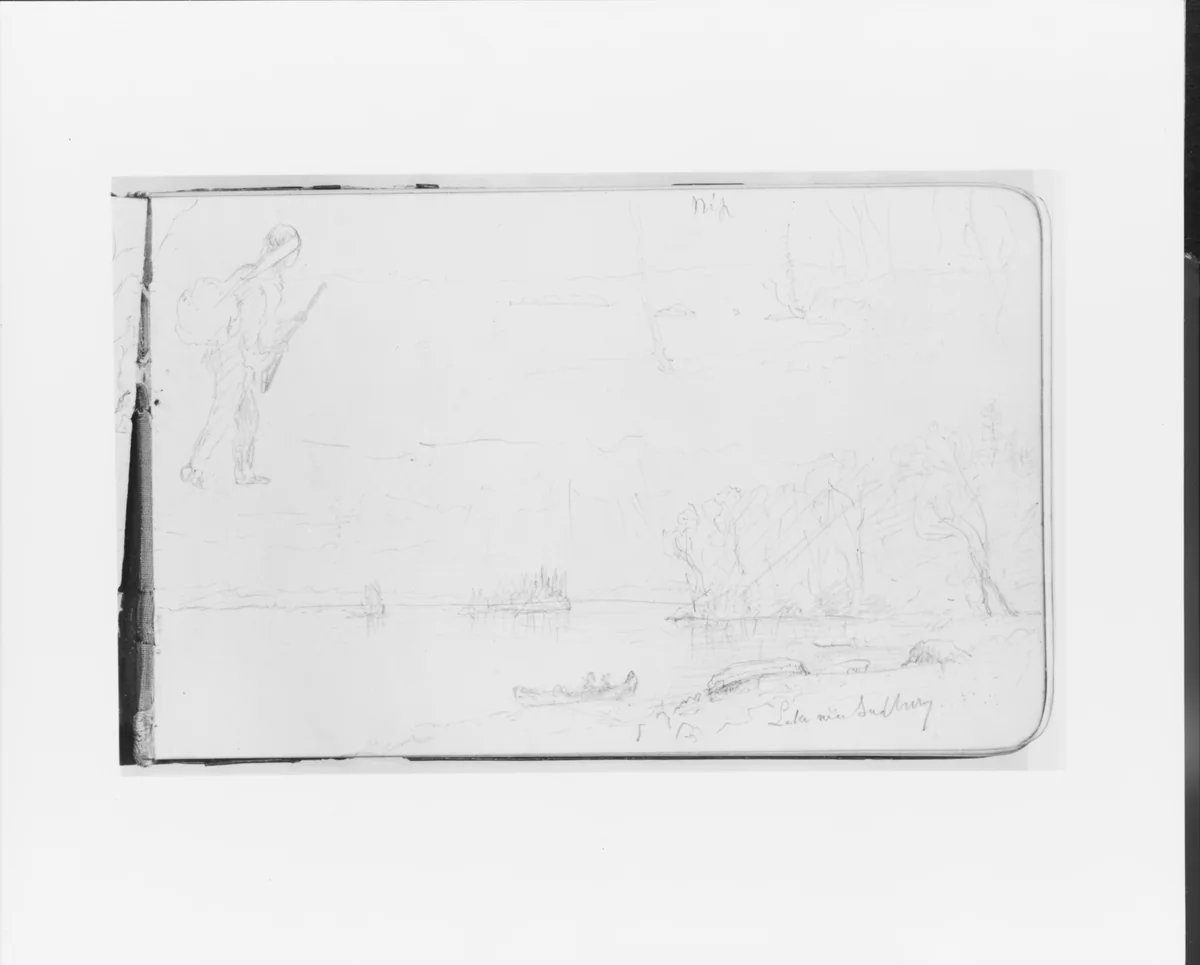 Hunter on Lake Nipissing; Lake Near Sudbury (from Sketchbook) by Albert Bierstadt, artwork, 1890