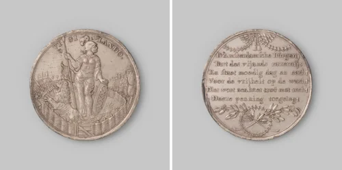 Gedenkpenning te Amsterdam, door de magistraat aan de schutters uitgereikt by anonymous, metalwork, 1672