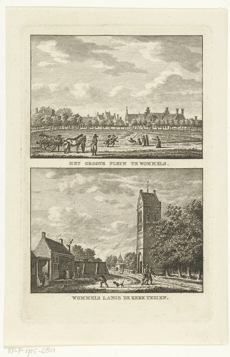 Twee dorpsgezichten te Wommels met Grote Plein en Nederlands Hervormde Kerk by Carel Frederik Bendorp, print, 1786-1792