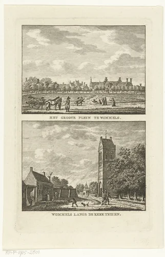 Twee dorpsgezichten te Wommels met Grote Plein en Nederlands Hervormde Kerk by Carel Frederik Bendorp, print, 1786-1792