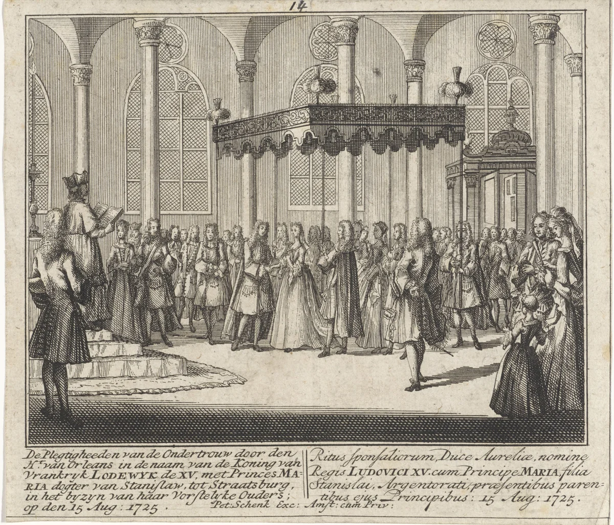 Ondertrouw van Lodewijk XV en Maria Lesczinska by Leonard Schenk, print, 1727