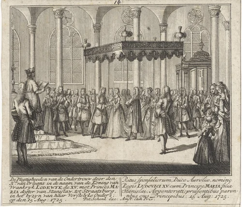 Ondertrouw van Lodewijk XV en Maria Lesczinska by Leonard Schenk, print, 1727