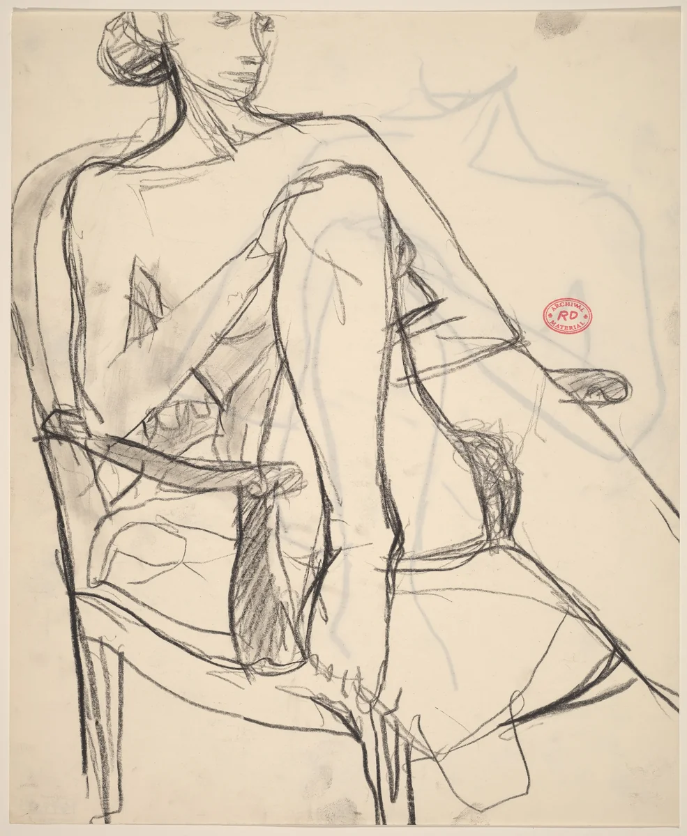 Untitled [nude in an armchair with one foot resting on the seat] [recto] by Richard Diebenkorn, drawing, 1955-1967