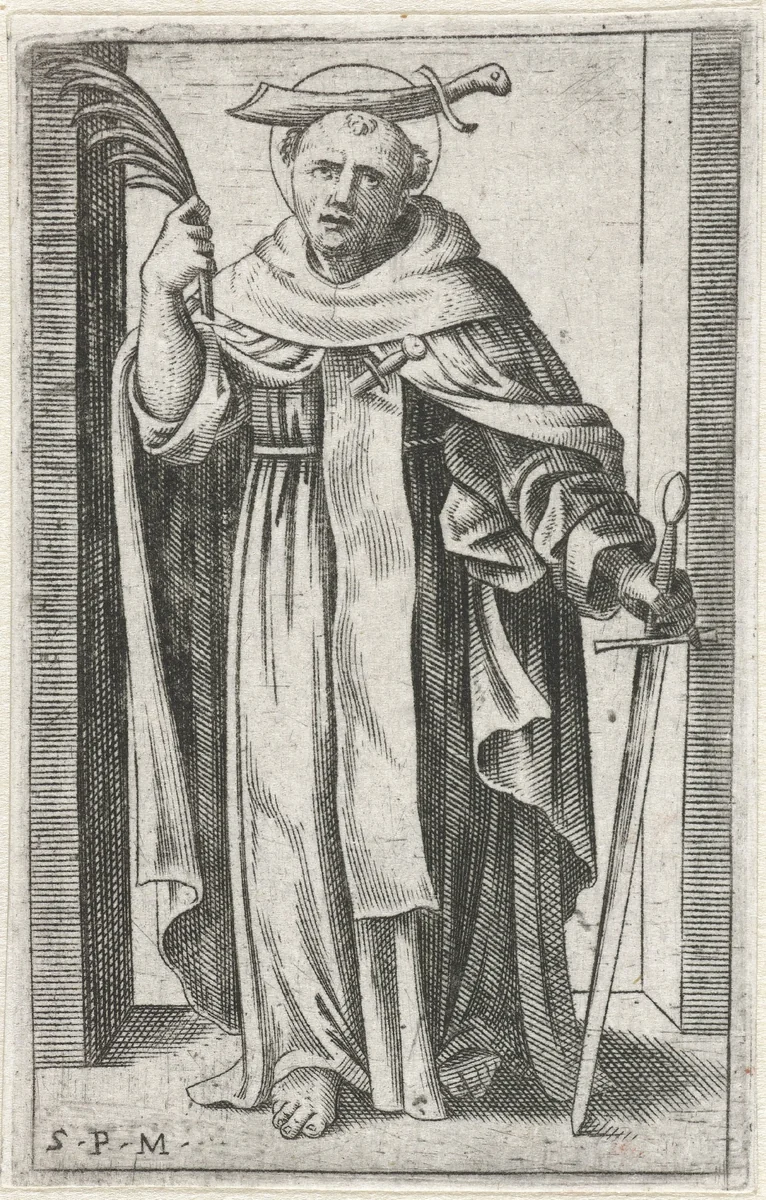 Heilige Petrus Martyr met mes in schedel by Marcantonio Raimondi, print, 1500-1527