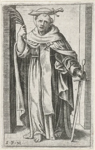 Heilige Petrus Martyr met mes in schedel by Marcantonio Raimondi, print, 1500-1527