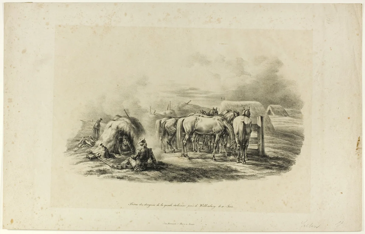 Bivouac of the Dragons of the Italian Guard near Wittenberg on the Tenth of June by Albrecht Adam, print, 1786-1862