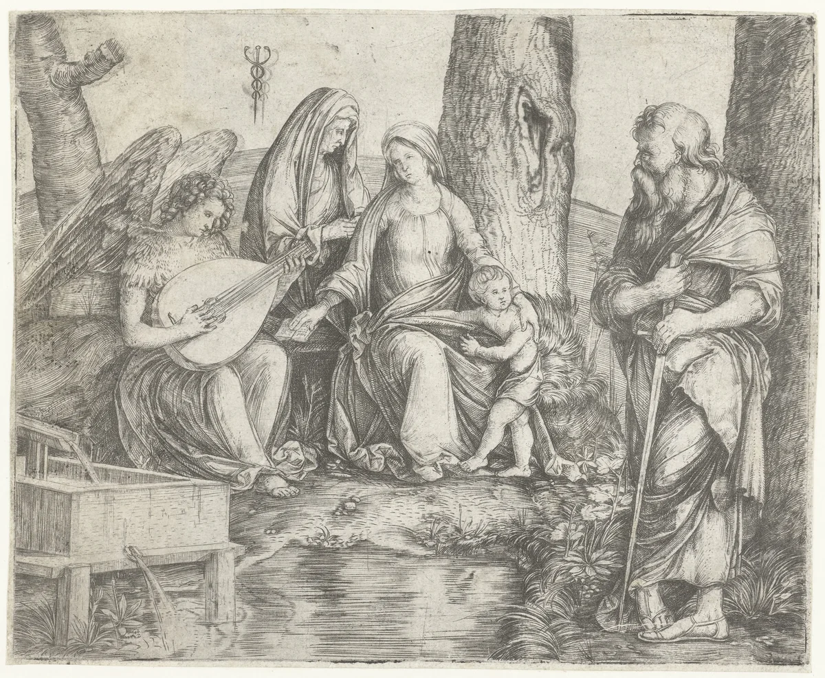 Maria met kind, Anna, Paulus en engel spelend op luit bij bron by Unknown, print, 1509-1510
