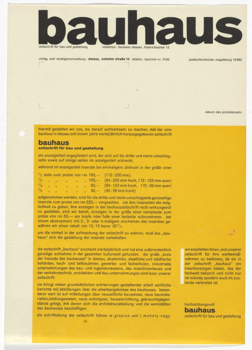 Bauhaus Magazine (Advertising price list) by Herbert Bayer, design, 1927