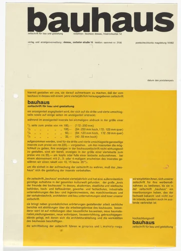 Bauhaus Magazine (Advertising price list) by Herbert Bayer, design, 1927