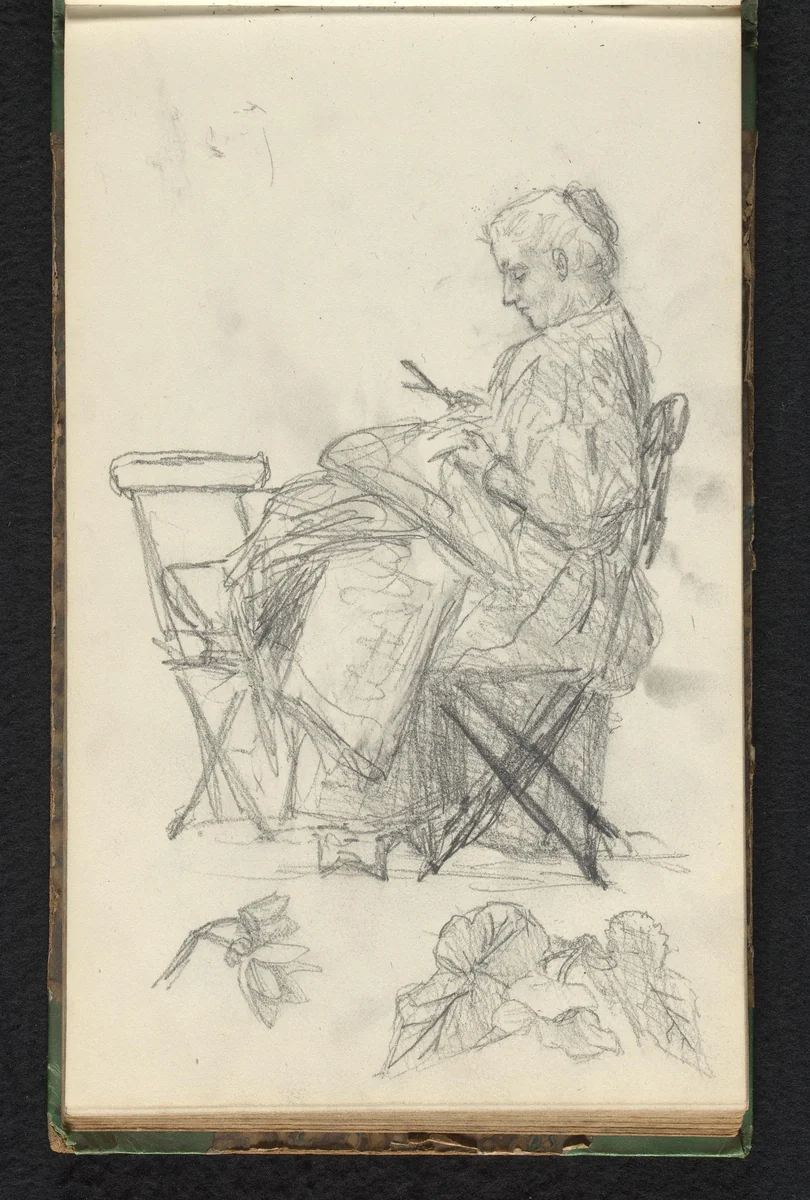 Werkende vrouw met schaar op een stoel by Jan Bedijs Tom, drawing, 1823-1894