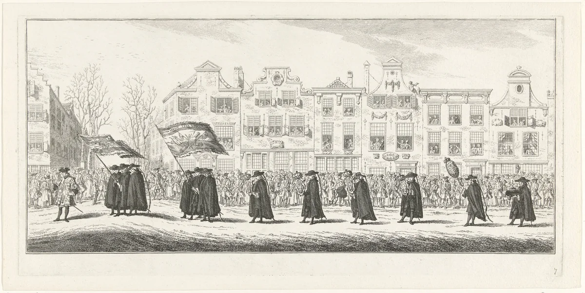 Vertegenwoordigers van de land- en zeemacht en verschillende landstreken in de lijkstoet van Anna van Hannover te Delft, 1759 by Simon Fokke, print, 1759-1761