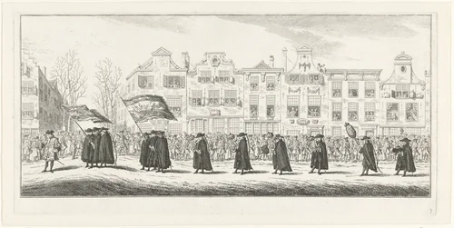 Vertegenwoordigers van de land- en zeemacht en verschillende landstreken in de lijkstoet van Anna van Hannover te Delft, 1759 by Simon Fokke, print, 1759-1761