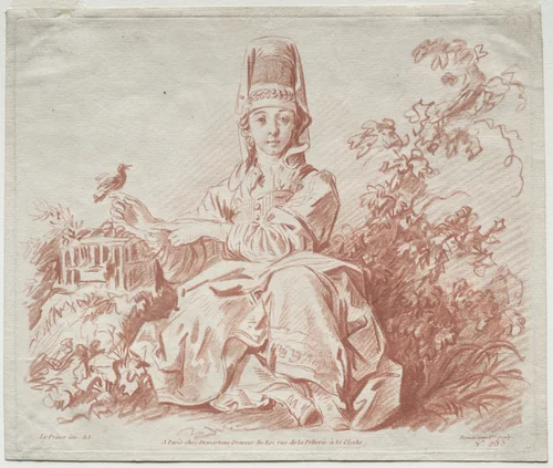 Young Girl Holding a Bird by Gilles Demarteau, print, 1737-1776
