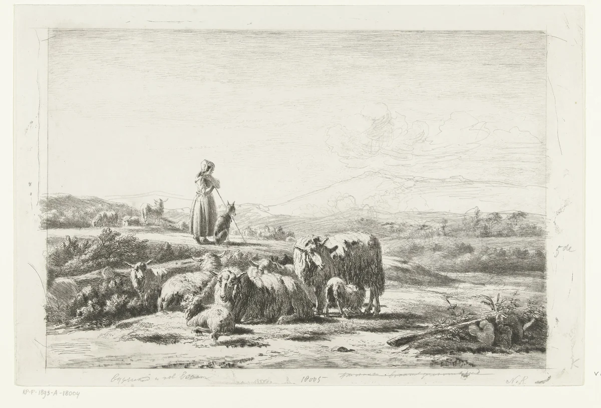 Landschap met herderin en hond bij kudde schapen by Simon van den Berg, print, 1822-1893