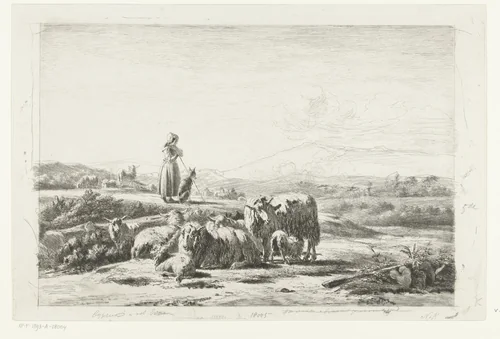 Landschap met herderin en hond bij kudde schapen by Simon van den Berg, print, 1822-1893