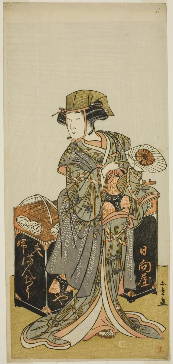 The Actor Nakamura Tomijuro I as the Female Beancake Peddler Hyugaya in the Play Chigo Torii Tobiiri Kitsune, Performed at the Ichimura Theater in the Eleventh Month, 1777 by Katsukawa Shunsho (勝川 春章), print, 1772-1782