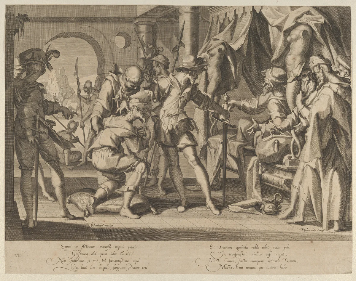 Count William III of Holland Permitting the Beheading of his Bailiff, plate 7 from "Thronus Justitiae, tredecim pulcherrimus tabulis..." by Willem van Swanenburg, print, 1605-1606