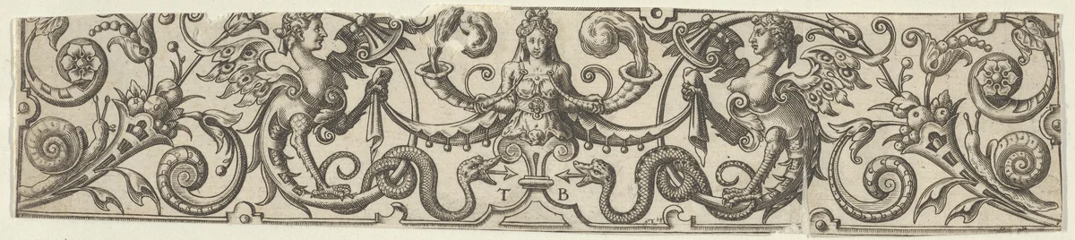 Frieze with Half-Length Female Figure Holding Two Horns at Center by Theodor de Bry, print, 1585-1595