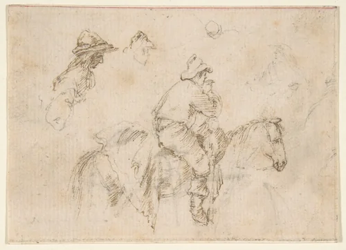 A Peasant on Horseback seen in Profile Facing Right; Two Studies of the Same Man's Head. by Stefano della Bella, drawing, 1610-1664