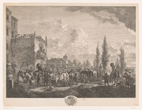 Jachtgezelschap bij een fontein voor een huis by Jean Moyreau, print, 1733-1762
