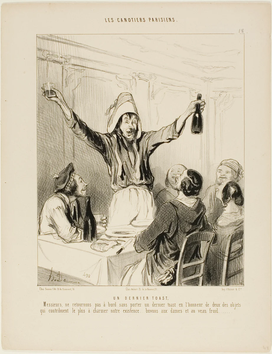 A Last Toast! “Gentlemen, let's not go back on board without a final toast in honour of the two things which, most of all, bring charm to our lives... let's drink to the ladies and cold veal!,” plate 18 from Les Canotiers Parisiens by Honoré-Victorin Daumier, print, 1843