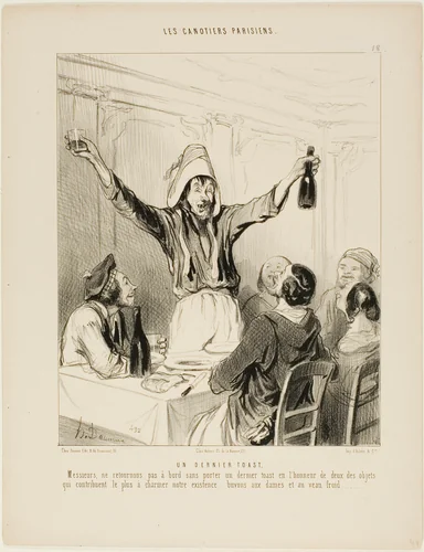A Last Toast! “Gentlemen, let's not go back on board without a final toast in honour of the two things which, most of all, bring charm to our lives... let's drink to the ladies and cold veal!,” plate 18 from Les Canotiers Parisiens by Honoré-Victorin Daumier, print, 1843