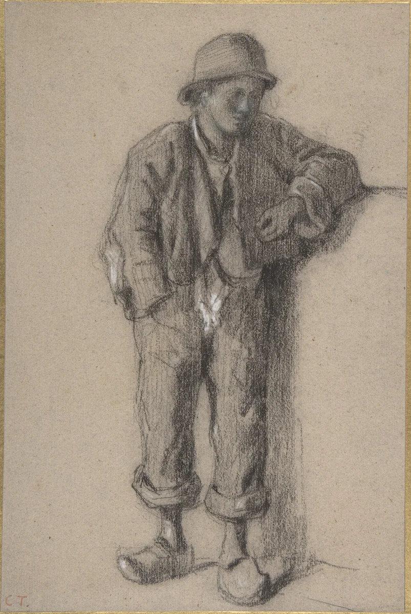 A Standing Peasant Boy in Hat and Wooden Shoes by Constant Troyon, drawing, 1825-1865