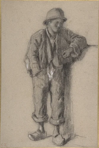A Standing Peasant Boy in Hat and Wooden Shoes by Constant Troyon, drawing, 1825-1865