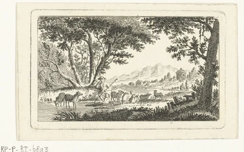 Landschap met herder en kudde schapen by Abraham Delfos, print, 1741-1820