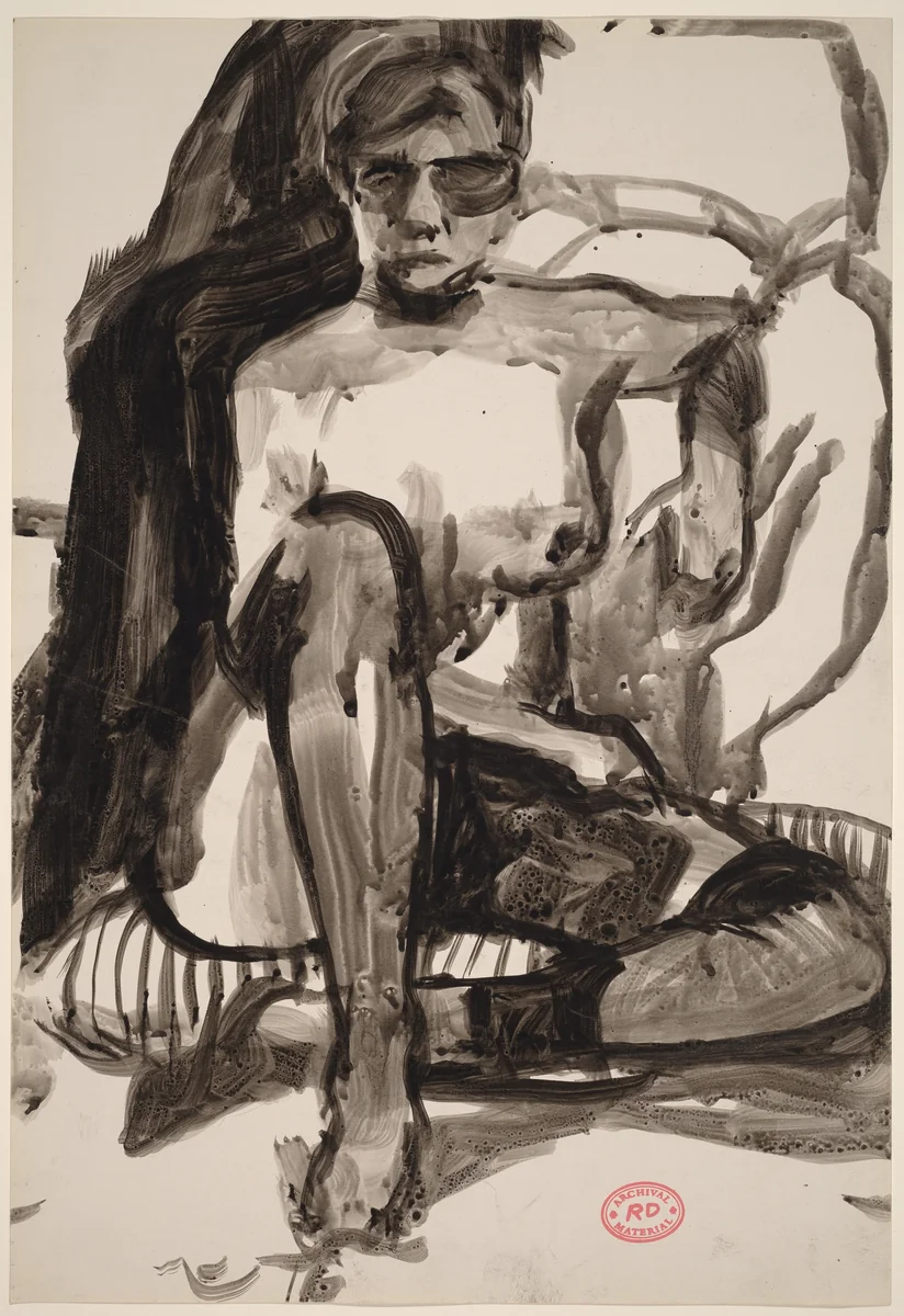 Untitled [female nude in stockings seated on a striped cushion] by Richard Diebenkorn, drawing, 1955-1967