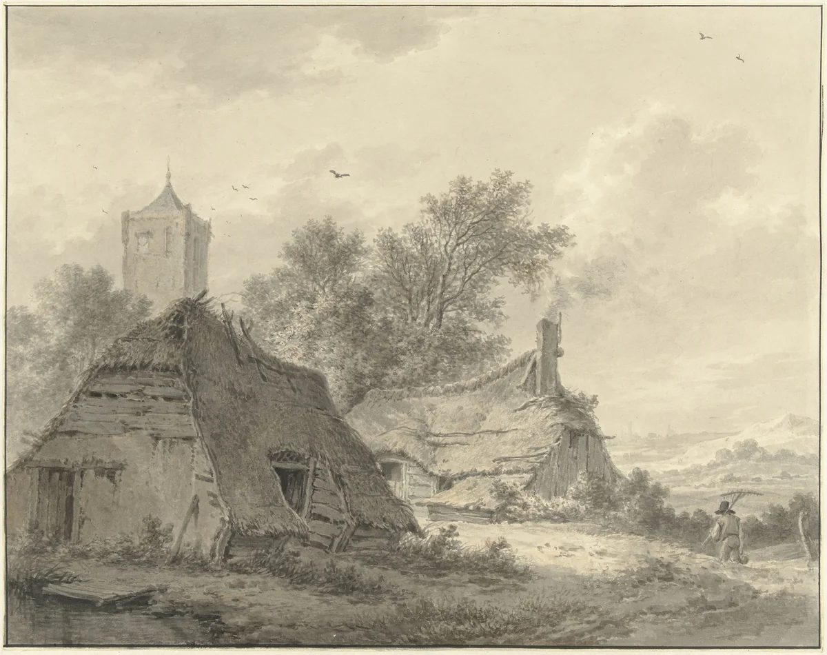 Landschap met twee boerderij en een kerktoren by Pieter Pietersz. Barbiers, drawing, 1759-1842