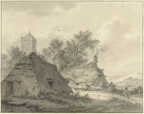 Landschap met twee boerderij en een kerktoren by Pieter Pietersz. Barbiers, drawing, 1759-1842