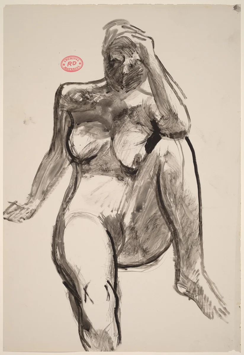 Untitled [front view of seated female nude with left hand on head] by Richard Diebenkorn, drawing, 1955-1967
