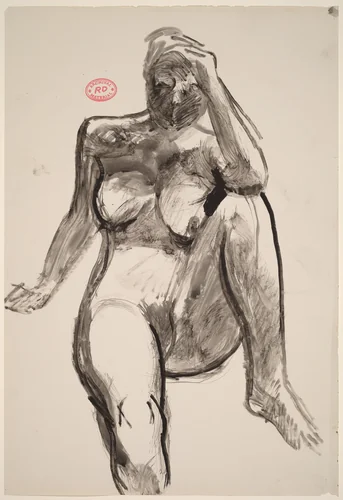 Untitled [front view of seated female nude with left hand on head] by Richard Diebenkorn, drawing, 1955-1967