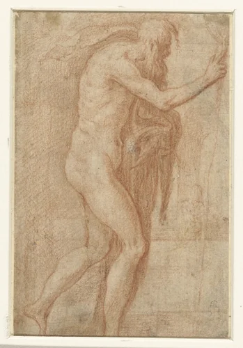 Man die zijn vinger optilt by Parmigianino, drawing, 1535-1538