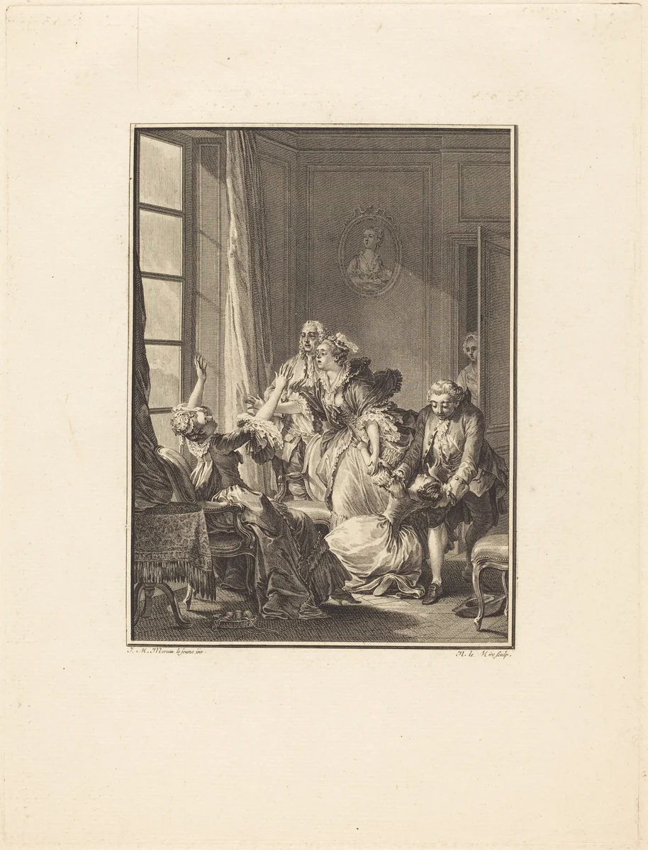 Julie s'évanouit dans un fauteuil by Noël Le Mire, Jean-Michel Moreau the Younger, print, 1724-1801