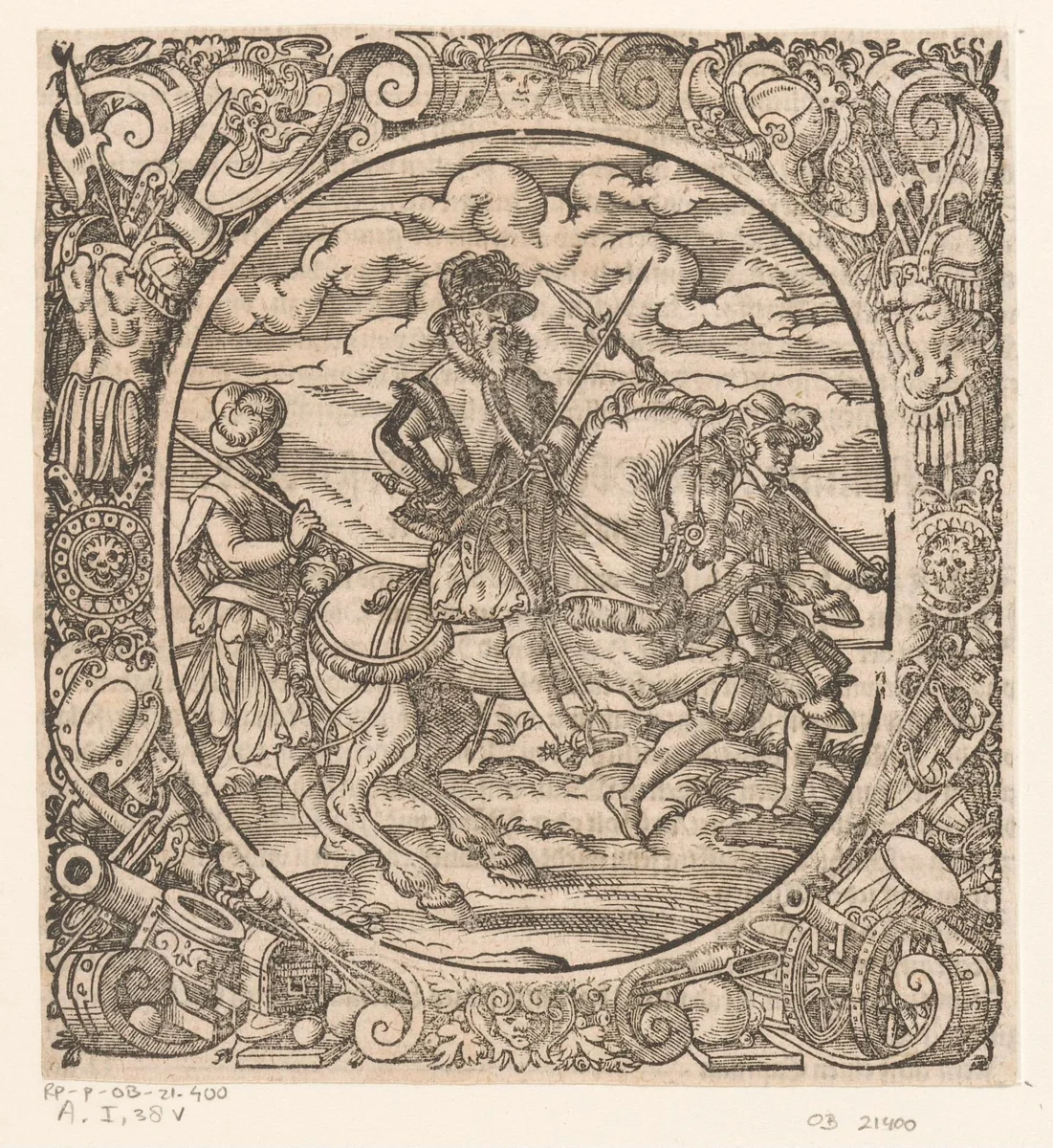 Officier te paard met twee soldaten by Jost Amman, print, 1573