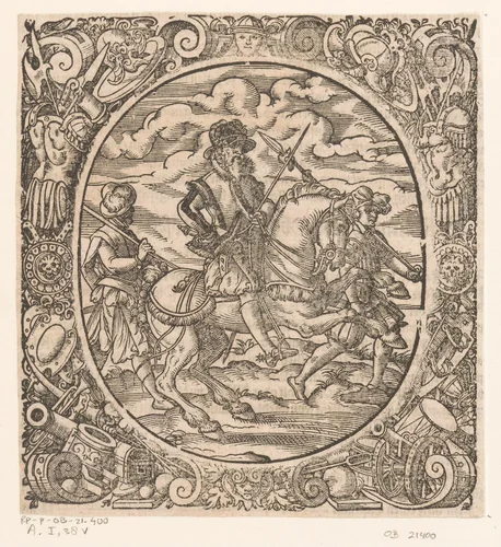 Officier te paard met twee soldaten by Jost Amman, print, 1573