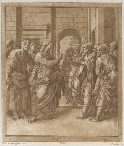 Christ standing before an entrance to a city surrounded by apostles addressing a group of men at right by Stefano Mulinari, print, 1756-1795