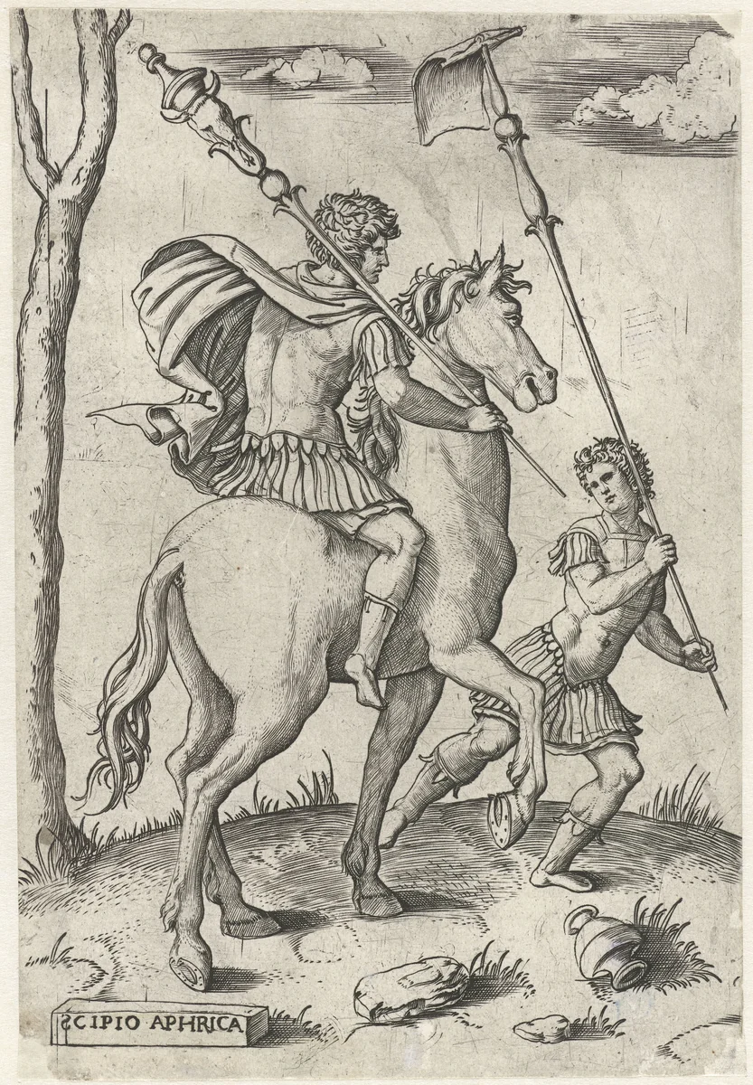 Romeinse generaals Scipio Africanus Maior te paard en Scipio Africanus Minor by Marcantonio Raimondi, print, 1500-1527