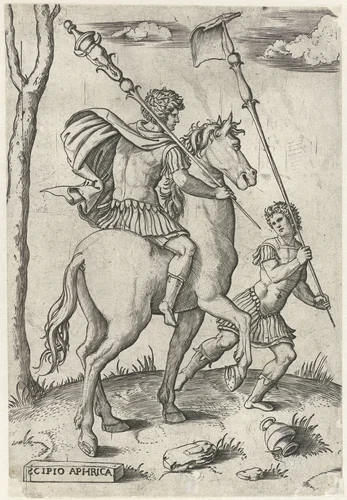 Romeinse generaals Scipio Africanus Maior te paard en Scipio Africanus Minor by Marcantonio Raimondi, print, 1500-1527